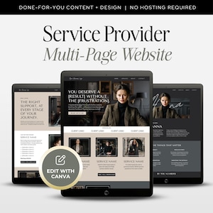 Peut inclure: Un modèle numérique pour un site web multi-pages de prestataire de services présentant trois écrans de tablette avec des mises en page professionnelles, du texte, des images et un badge circulaire indiquant Edit With Canva.