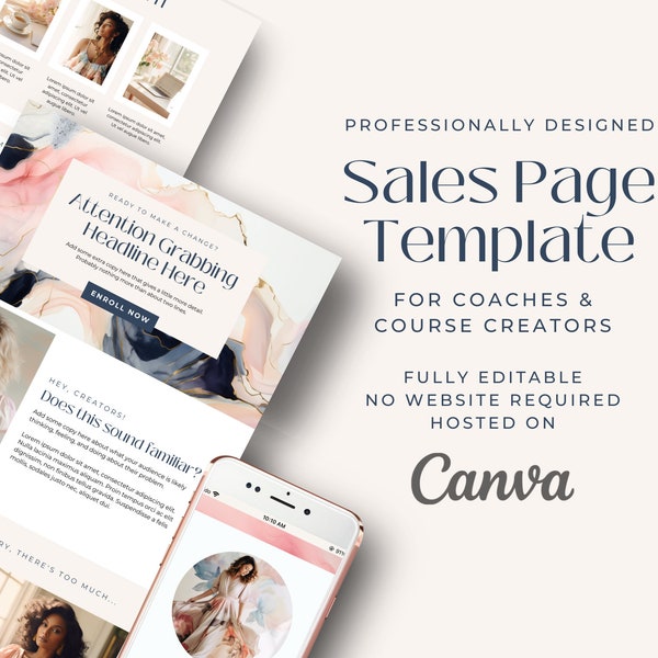 Canva Sales Page Template, INSTANT DOWNLOAD, Business Website for Entrepreneurs, Coaches, Course Creators, VAs, 1 Page Website, Pink, Blue