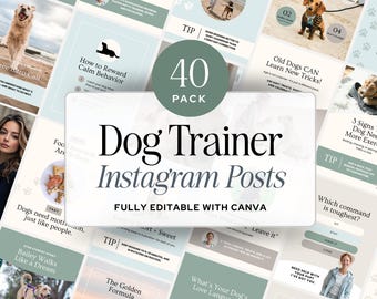 May include: A collection of 40 digital Instagram post templates for dog trainers, featuring a sage green and white color palette. The central text reads 40 PACK Dog Trainer Instagram Posts FULLY EDITABLE WITH CANVA, surrounded by various dog-themed graphics.
