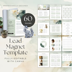 Peut inclure: Un modèle de lead magnet de 60 pages avec un fond aquarelle. Le modèle comprend une page de bienvenue, une liste de contrôle, un diagramme de Venn, un processus par étapes, un planificateur mensuel et des pages de défis. Le modèle est entièrement modifiable avec Canva.