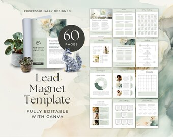 Könnte beinhalten: Eine 60-seitige Lead-Magnet-Vorlage mit einem Aquarellhintergrund. Die Vorlage enthält eine Willkommensseite, eine Checkliste, ein Venn-Diagramm, einen schrittweisen Prozess, einen Monatsplaner und Challenge-Seiten. Die Vorlage ist vollständig mit Canva bearbeitbar.