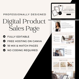 Pode incluir: Um modelo de página de vendas de produtos digitais com fundo branco e texto preto. O modelo apresenta uma tela de laptop com um design de site para um produto digital. O texto na página diz "Professionally Designed Digital Product Sales Page", "Fully Editable", "Free Hosting on Canva", "18 Mix & Match Pages" e "No Coding Required".