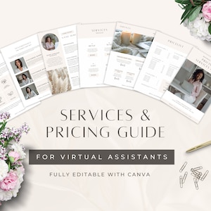 Puede incluir: Una guía para asistentes virtuales con información sobre precios y servicios. La guía es totalmente editable con Canva y presenta un fondo blanco con texto marrón. El texto incluye las palabras "Services & Pricing Guide" y "For Virtual Assistants".