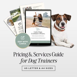 Könnte beinhalten: Ein digitales Tablet zeigt einen Hunde-Trainingsratgeber mit dem Text „Ruhige Hunde. Selbstbewusste Besitzer.“ und ein Foto einer Frau, die einen Hund trainiert. Ein Jack Russell Terrier mit braunem Halsband ist im Bild. Der Text „Preis- und Serviceleitfaden für Hundetrainer“ ist ebenfalls sichtbar.