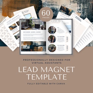 May include: A 60-page lead magnet template designed for virtual assistants. The template includes a 30-day challenge, client resources, a weekly planner, tools and resources, and a 3-step process. The template is fully editable with Canva.