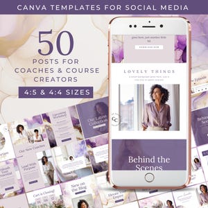 Peut inclure: Une collection de 50 modèles de publications pour les réseaux sociaux pour les coachs et les créateurs de cours. Les modèles présentent un schéma de couleurs violet et blanc avec des motifs abstraits et des superpositions de texte. Les modèles sont disponibles dans les tailles 4:5 et 4:4.
