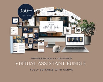 May include: A collection of digital templates for virtual assistants, featuring a desktop computer, laptop, phone, and various documents. The templates are designed in a modern style with a blue and gold color scheme. The text "NOW ACCEPTING NEW CLIENTS" is displayed on the computer screen. The text "PROFESSIONALLY DESIGNED VIRTUAL ASSISTANT BUNDLE" is displayed below the image. The text "FULLY EDITABLE WITH CANVA" is displayed below the text.