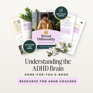 Könnte beinhalten: Werbebild für ein E-Book mit dem Titel "Wired Differently: Understanding the ADHD Brain". Das Cover zeigt eine lesende Frau, Text und florale Elemente. Enthält die Badges "US Letter + A4 Sizes" und "Edit with Canva".