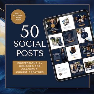 Op de afbeelding: Een tabletscherm dat een raster van 12 sjablonen voor social media-berichten weergeeft. De sjablonen zijn ontworpen in een marineblauw en gouden kleurenschema met tekst die "Elevate Your Empire", "New Post", "Our Latest Collection", "Lead With Purpose", "Bonus Title", "Sale 50% Off", "New Blog" en "Lovely Weekend" omvat.