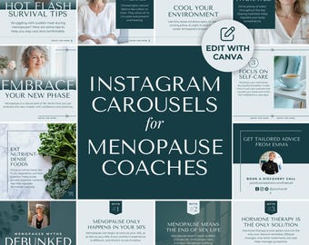Menopauscoach Instagram-karusellmallar Hormon Sociala medier Kvinnors hälsa Välbefinnande Redigerbar Canva Näring Perimenopaus HRT