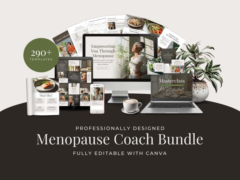 Menopause Coach Bundle, Womens Wellness, Hormonal Health, Editable Canva Template, Social Media Kit, Done-for-you e-book, 1 Page Website