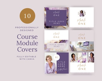Op de afbeelding: Tien professioneel ontworpen cursusmodule-covers met paarse en gouden accenten. De covers bevatten verschillende afbeeldingen, waaronder een vrouw, een computerscherm en abstracte kunst. De tekst "Module One" en "Titel hier invoegen" is op de covers opgenomen.