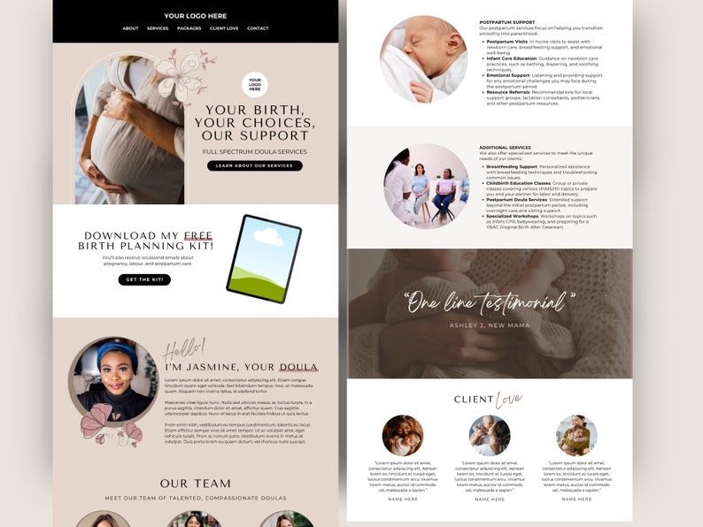 Canva Website Template for Doulas One Page Website Template Birth Doula Website Design Landing Page Postpartum Doula Lactation Consultant