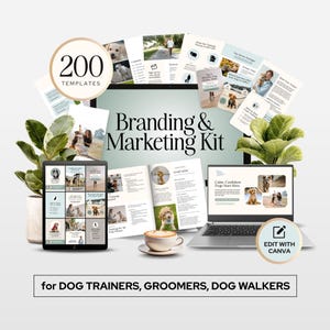 Op de afbeelding: Een digitaal branding- en marketingpakket voor hondentrainers, trimmers en hondenuitlaters met 200 sjablonen. De weergave bevat een tablet en laptop met diverse documentlay-outs, social media graphics en tekst, inclusief een kopje koffie.