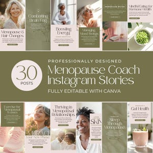 Menopause Coach Instagram Stories Womens Wellness Marketing Editable Canva Social Media Hormone Health Perimenopause Holistic Naturopath HRT