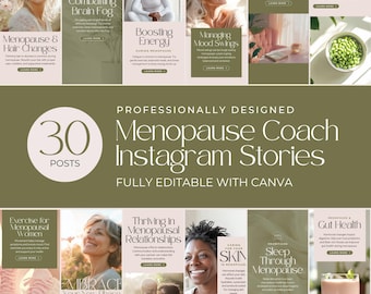 Menopause Coach Instagram Stories Bem-estar Feminino Marketing Editável Canva Mídias Sociais Saúde Hormonal Perimenopausa Naturopata Holístico TRH