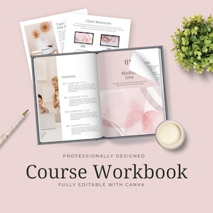 Puede incluir: Un diseño de acuarela rosa y gris con el texto "01 Módulo Uno" en una página de un cuaderno de trabajo del curso. El cuaderno de trabajo está abierto para mostrar la página de contenido con una lista de capítulos. El cuaderno de trabajo está diseñado profesionalmente y es totalmente editable con Canva.