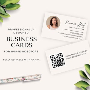 May include: A white business card featuring a photograph of a woman, the text "Emma Hall, Nurse Injector", contact details, and a QR code. The text "SCAN THE QR TO BOOK YOUR APPOINTMENT" is beneath the QR code. The card is displayed against a white backdrop with green foliage.