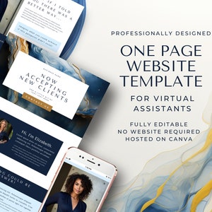 May include: A professionally designed one-page website template for virtual assistants. The template is fully editable and hosted on Canva. The template features a blue and gold marble background with text that says "Now Accepting New Clients".