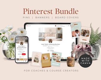 Boho Pinterest Bundle Pins Pinterest Banner Board Covers Canva Template Social Media Templates Pink Pinterest Marketing Coach Courses EH019