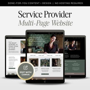 May include: Three digital tablets display a multi-page website template for service providers. The screens feature text including "Service Provider Multi-Page Website," "You deserve a [result] without the [frustration]," and a gold "Edit with Canva" badge.