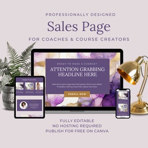Canva Sales Page Template, Business Website for Entrepreneurs, Coaches, Course Creators, VAs, 1 Page Website, Done-for-you website, EH018