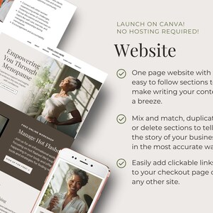 Puede incluir: Maqueta de sitio web con una marca de verificaci&oacute;n verde junto al texto "Un sitio web de una p&aacute;gina con secciones f&aacute;ciles de seguir para que escribir tu contenido sea muy sencillo." El texto "&iexcl;LANZAMIENTO EN CANVA! &iexcl;NO SE REQUIERE ALOJAMIENTO!" est&aacute; en la parte superior de la imagen. El texto "Sitio web" est&aacute; en un tama&ntilde;o de fuente grande.