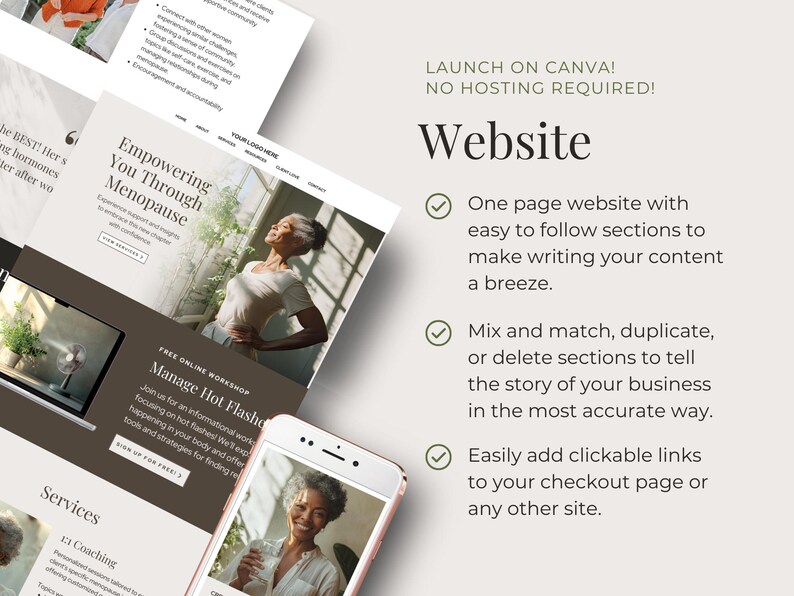 Puede incluir: Maqueta de sitio web con una marca de verificaci&oacute;n verde junto al texto "Un sitio web de una p&aacute;gina con secciones f&aacute;ciles de seguir para que escribir tu contenido sea muy sencillo." El texto "&iexcl;LANZAMIENTO EN CANVA! &iexcl;NO SE REQUIERE ALOJAMIENTO!" est&aacute; en la parte superior de la imagen. El texto "Sitio web" est&aacute; en un tama&ntilde;o de fuente grande.