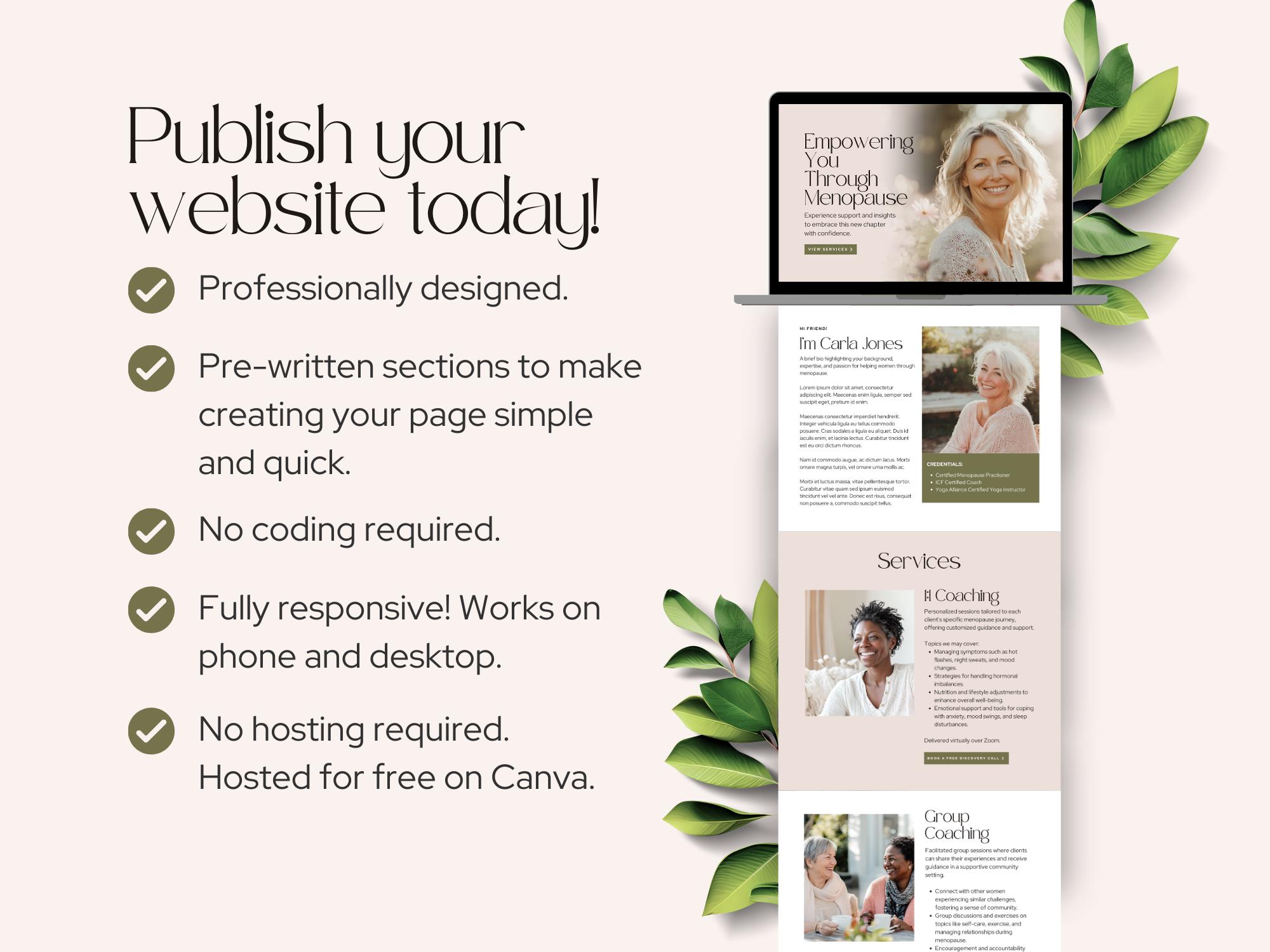 Menopause Coach Canva Website Template One Page Wellness Consultant ...