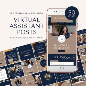 May include: A collage of 50 social media post templates for virtual assistants. The templates feature a blue and brown colour scheme with text that says "Virtual Assistant Posts" and "Fully Editable with Canva".