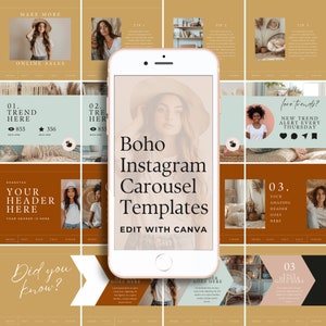 Social Media Instagram Carousel Templates For Canva Seamless Marketing Slides Boho Instagram Posts Template Boho Canva Templates EH019