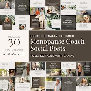 Puede incluir: Un kit de marketing digital para entrenadores de menopausia con 30 publicaciones de redes sociales diseñadas profesionalmente. Las publicaciones son totalmente editables con Canva y vienen en tamaños 4:5 y 4:4. La imagen muestra un collage de diferentes publicaciones de redes sociales con temas como el manejo de los cambios de humor, el apoyo a la salud ósea, el ejercicio para mujeres menopáusicas, la salud intestinal, la lucha contra la niebla mental, los cambios de cabello relacionados con la menopausia, el aumento de peso, el redescubrimiento de uno mismo en la menopausia, el yoga, los consejos de supervivencia para los sofocos, la hidratación, los síntomas de la menopausia, el florecimiento, el cuidado personal para las mujeres menopáusicas, la reducción del estrés, la confianza en sí mismo, el sueño durante la menopausia y la aceptación de su nueva fase.