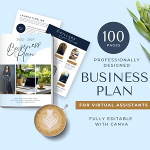 May include: A blue and white business plan template for virtual assistants. The cover features the text "2022 - 2027 Business Plan" and a photo of a woman in a blue dress. The text "100 Pages" and "Professionally Designed" is also visible.