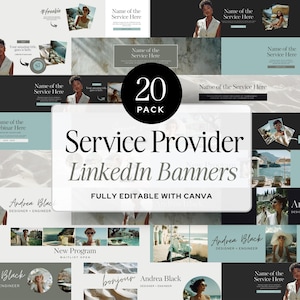 May include: A collection of 20 editable LinkedIn banner templates for service providers, featuring various layouts with placeholder text, professional photography, and soft colour palettes, designed for customisation within the Canva platform.