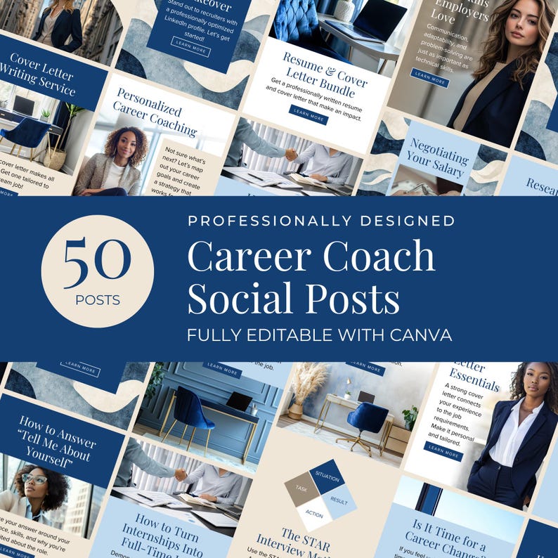 Career Coach Social Media Templates Ready-to-Use Content & Hooks Editable Canva Designs Female Entrepreneur Instagram Marketing Business