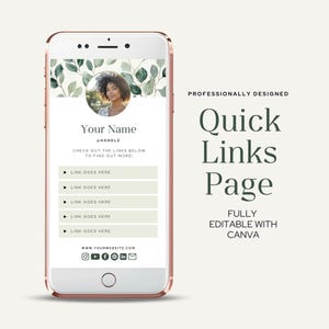 Puede incluir: Una maqueta de pantalla de teléfono móvil con un fondo floral verde y blanco. La pantalla muestra una plantilla para una página de enlaces rápidos con una foto de perfil, un nombre, iconos de redes sociales y enlaces. El texto dice "Diseñado profesionalmente Página de enlaces rápidos Totalmente editable con Canva".