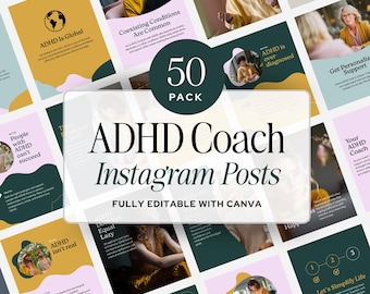 ADHD Coach Social Post Templates Editable Instagram Content for Mental Health Neurodiversity Executive Functioning Canva Templates Counselor