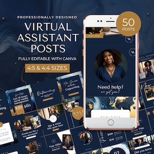 Virtual Assistant Instagram Template, Va Instagram Canva Template, Va Template, Modern Designed Feed, Luxe Instagram, Va Social Media, Navy