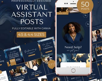 Virtual Assistant Instagram Template, Va Instagram Canva Template, Va Template, Modern Designed Feed, Luxe Instagram, Va Social Media, Navy