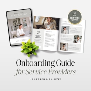 Könnte beinhalten: Eine Onboarding-Guide-Vorlage für Dienstleister in den Formaten US Letter und A4. Das Dokument enthält eine Titelseite mit der Aufschrift Client Roadmap sowie eine offene Innenseite mit Abschnitten für Begrüßungstexte, Newsletter-Anmeldungen und drei Schritte.