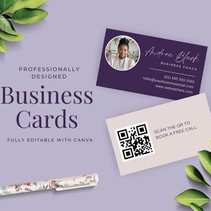 May include: Purple business card with a headshot of a woman and the text "Andrea Black, Business Coach". The back of the card has a QR code and the text "Scan the QR to book a free call".