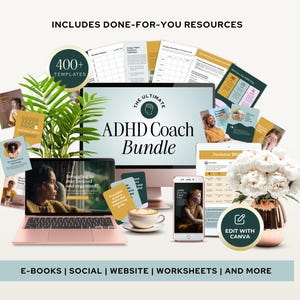 ADHD Coaching Bundle Instagram E-Book Worksheets Cheat Sheet Sales Page Planner Executive Functioning Editable Canva Templates Support Tools