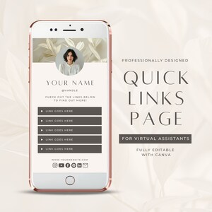 May include: A mobile phone screen mockup with a light pink background. The screen displays a quick links page for virtual assistants. The page features a professional design with a white background and gray buttons. The text on the screen reads "Your Name", "@Handle", "Check out the links below to find out more!" and "www.yourwebsite.com". The page also includes social media icons for Instagram, Facebook, Twitter, Pinterest, and LinkedIn.
