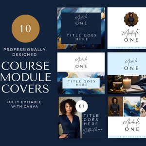 May include: Ten professionally designed course module covers with blue and gold abstract backgrounds. The text "Module One" is featured on each cover with a title placeholder and a subtitle placeholder.