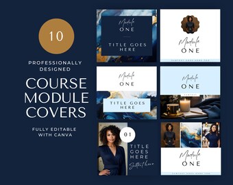 Op de afbeelding: Tien professioneel ontworpen cursusmodule-covers met blauwe en gouden abstracte achtergronden. De tekst "Module One" staat op elke cover met een titelplaatsaanduiding en een ondertitelplaatsaanduiding.