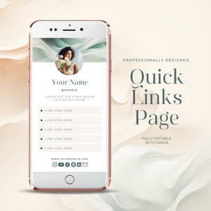 May include: A phone screen mockup with a light pink and green background. The screen displays a template for a quick links page with a woman's photo, the text "Your Name", "@HANDLE", "CHECK OUT THE LINKS BELOW TO FIND OUT MORE!" and five clickable links. The text "PROFESSIONALLY DESIGNED Quick Links Page FULLY EDITABLE WITH CANVA" is displayed on the right side of the image. The bottom of the screen displays the text "www.YOURWEBSITE.COM" and social media icons for Instagram, Facebook, Twitter, Pinterest, and LinkedIn.