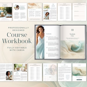 Könnte beinhalten: Ein professionell gestaltetes Kursarbeitsbuch mit einem abstrakten Hintergrund in Blau und Weiß. Das Cover zeigt den Text "Professionally Designed Course Workbook Fully Editable with Canva". Die Innenseiten enthalten ein Inhaltsverzeichnis, eine Modulübersicht und eine Kapitelübersichtsseite.