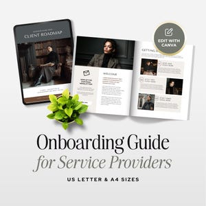 Könnte beinhalten: Eine Onboarding-Guide-Vorlage für Dienstleister in den Formaten US Letter und A4. Das Dokument umfasst ein dunkel gestaltetes Deckblatt mit dem Titel Client Roadmap sowie eine offene Innenseite mit Bereichen für Begrüßung, Newsletter und drei Schritte.