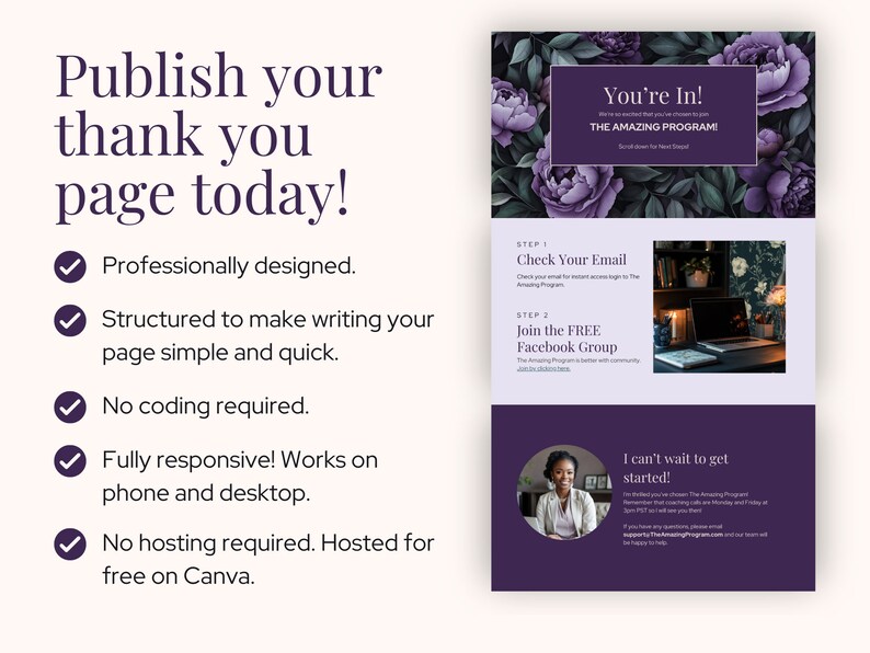 Thank You Page Canva Template Web Page Course Thank You Page Coaching ...
