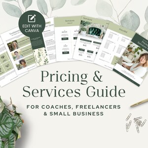 May include: A guide for coaches, freelancers, and small businesses on pricing and services. The guide includes sections on the process, testimonials, services, a price list, and a pricing and services guide.